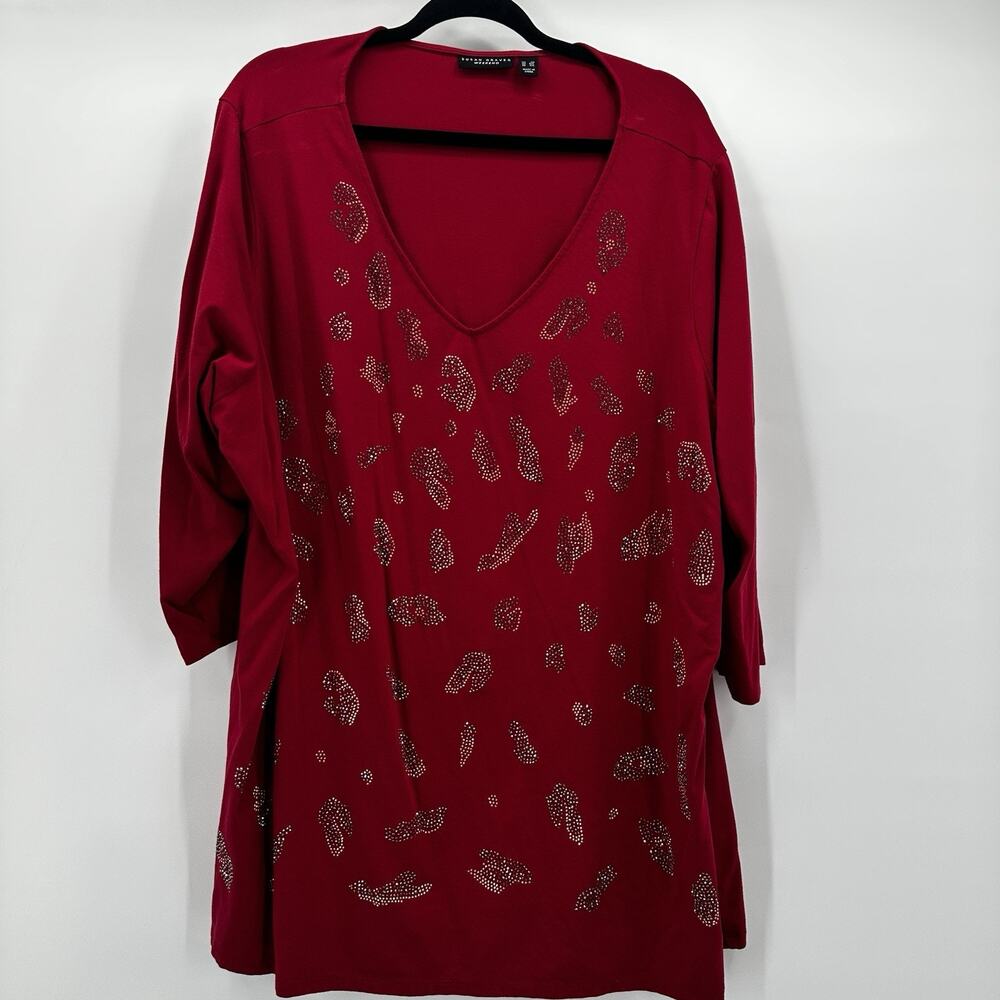 Susan Graver Shirt Top Womens 3X 3XL Red Embellished Vneck Basic Weekend Long